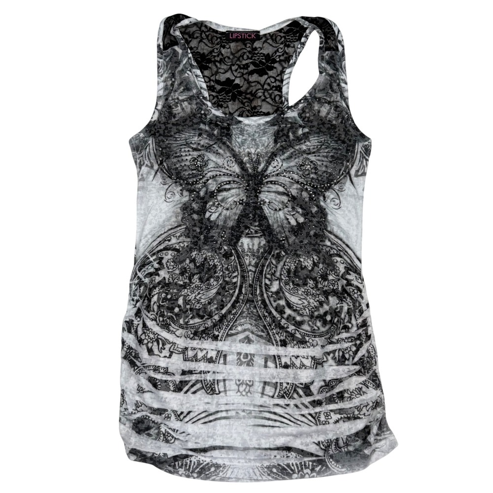 Butterfly Rhinestone Lace Ruched Tank Top Sz M VTG Y2K‎ USA Made Fairy Grunge